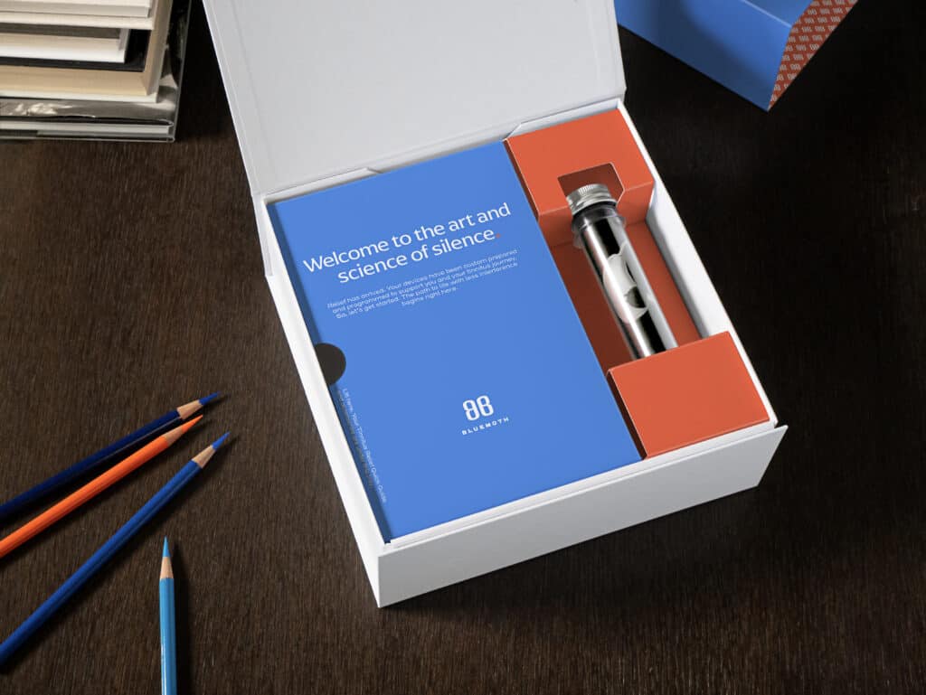 Blue and Orange package with tinnitus hearing devices.